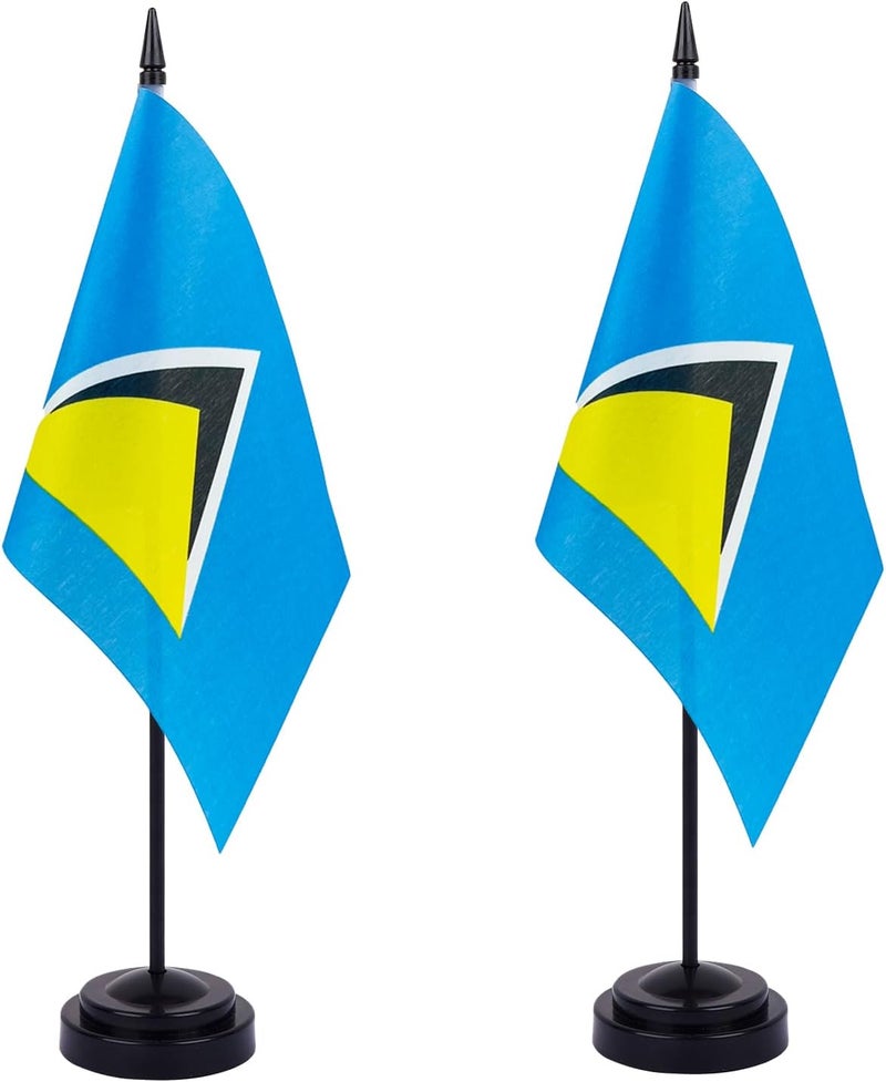 WXTWK 2 Pack Saint Lucia Flag Saint Lucia Deluxe Desk Flag Set - Mini Small Saint Lucia Table Office Flags with Black 12" Solid Pole Stand Base Classroom Meeting Desktop Decorations - Image 1
